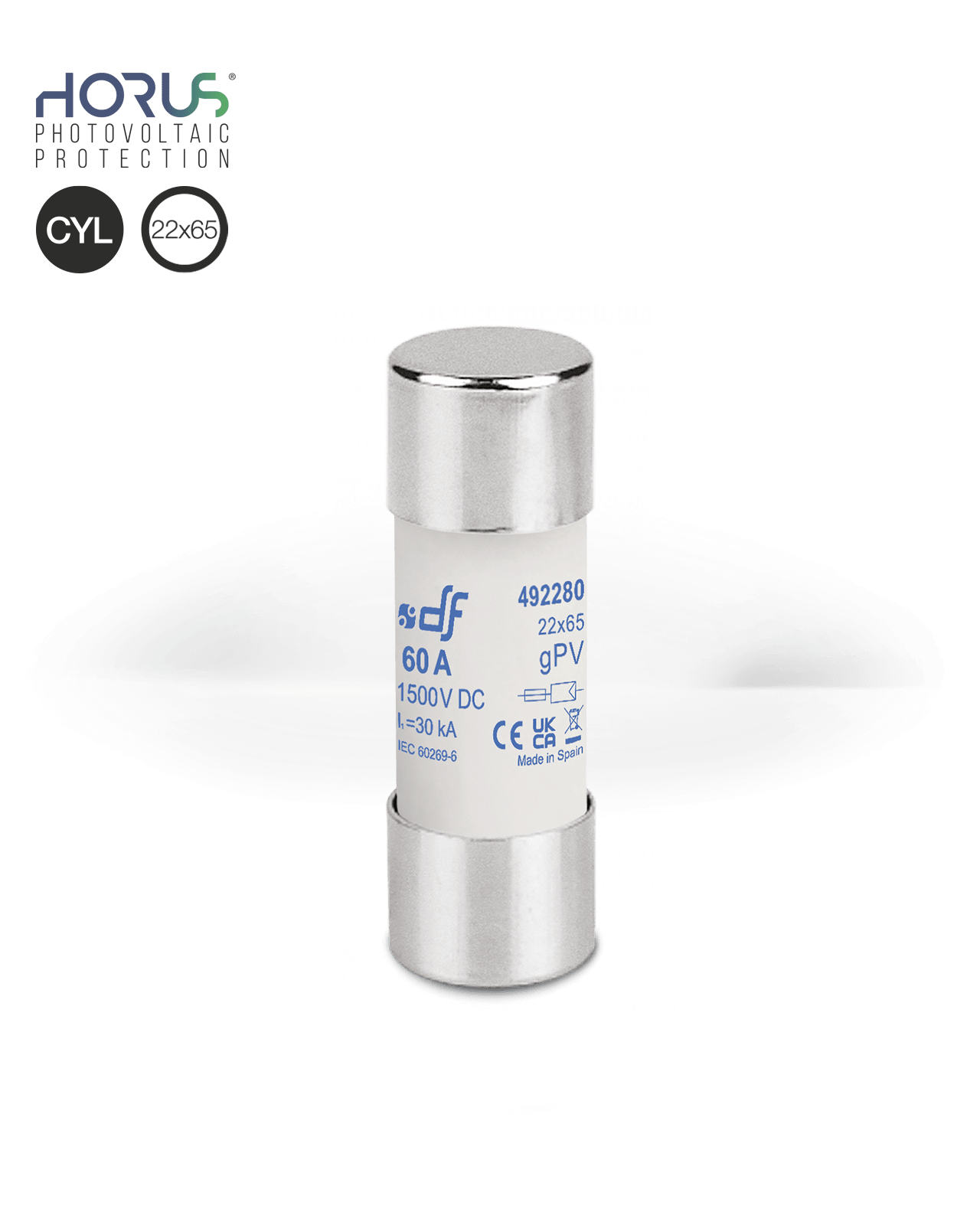 Cylindrical PV Fuse Link for Photovoltaic Applications 22x65 mm gPV , 1500V DC