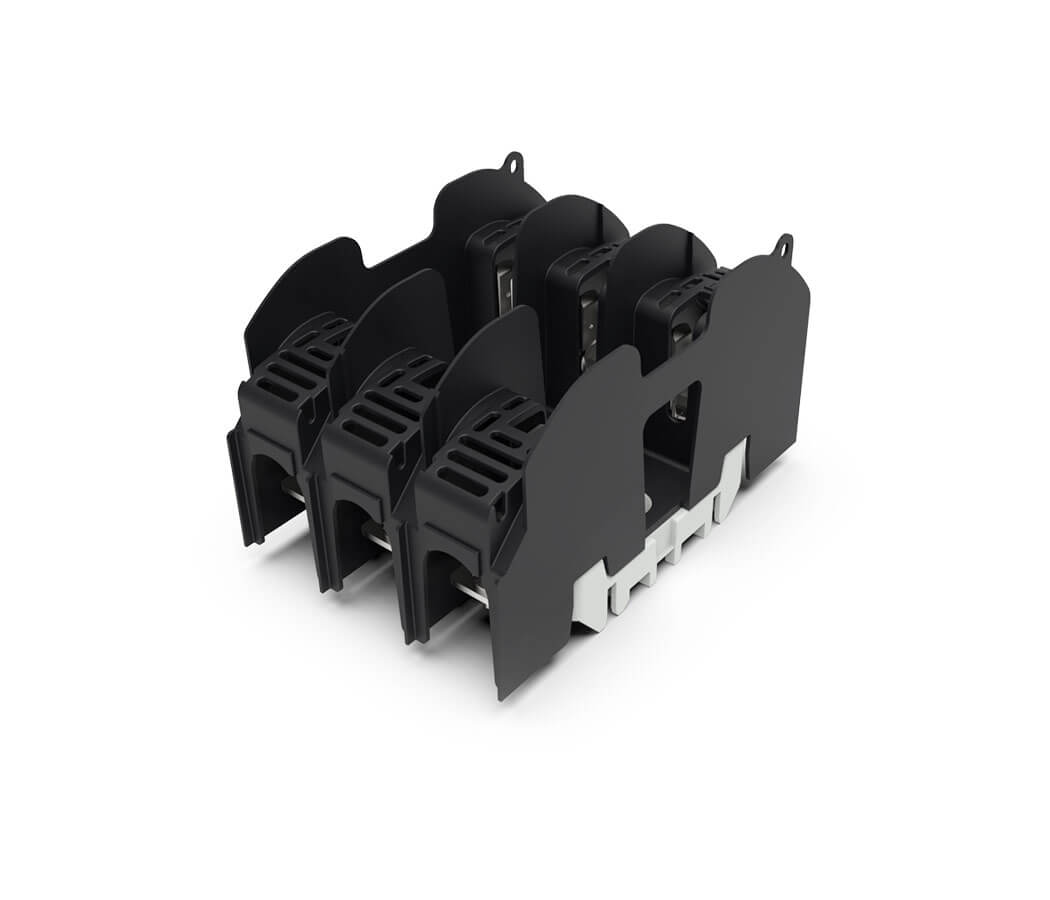 Polyester base NH 00 ST THREE POLES 160 A "rail fixing" connection  with cover shields
