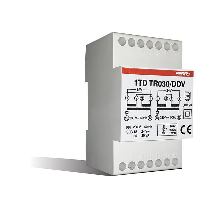 30VA TRANSFORMER FOR CONTINUOUS SERVICE, OUTPUTS 12-12-24V 3 DIN