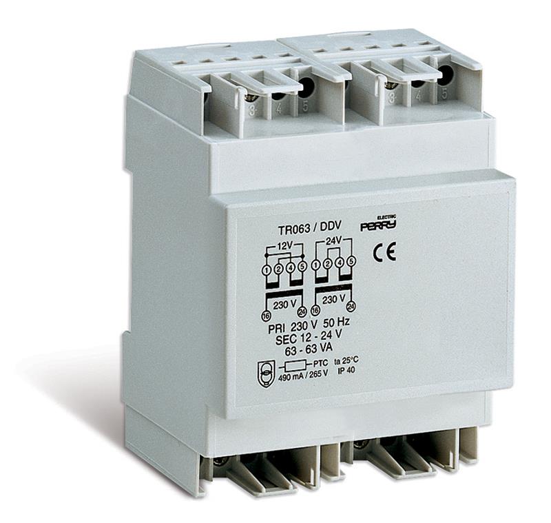 63VA TRANSFORMER FOR CONTINUOUS SERVICE, OUTPUTS 12-12-24V 6 DIN